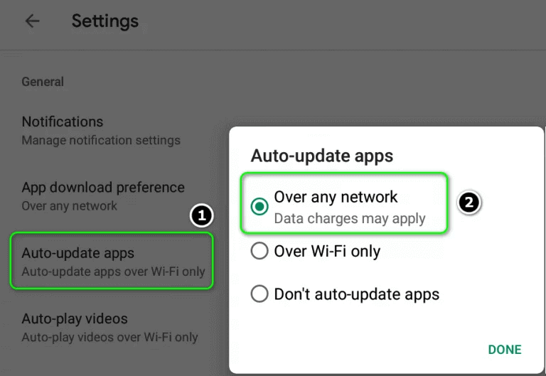"controllo degli errori per gli aggiornamenti" sul Play Store