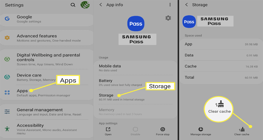 cancella la cache e i dati di Samsung Pass