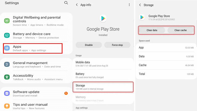 cancella i Google Play Services e la cache del Play Store