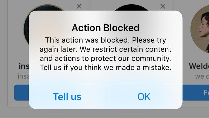 rimuovi action blocked su instagram