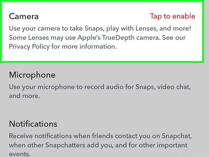 Permettere Camera Accesso su Snapchat