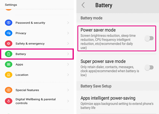 disattiva il risparmio energetico sul telefono