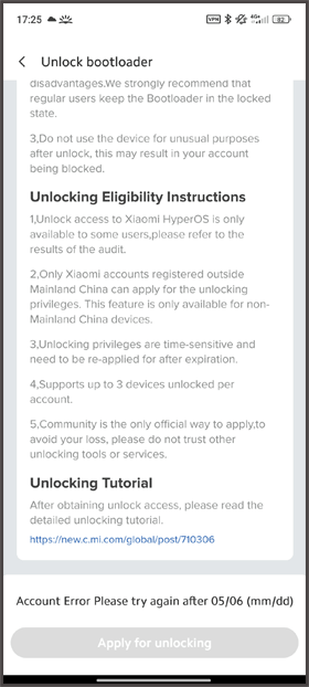 Errore account Xiaomi riprova dopo